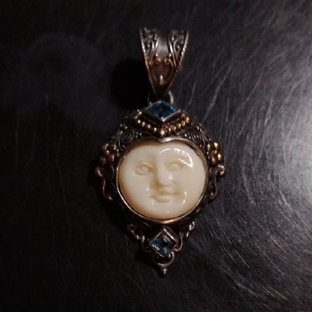 Bali Designs Oxidized Sterling Silver Bone Carved Moon Face Pendant W/Topaz